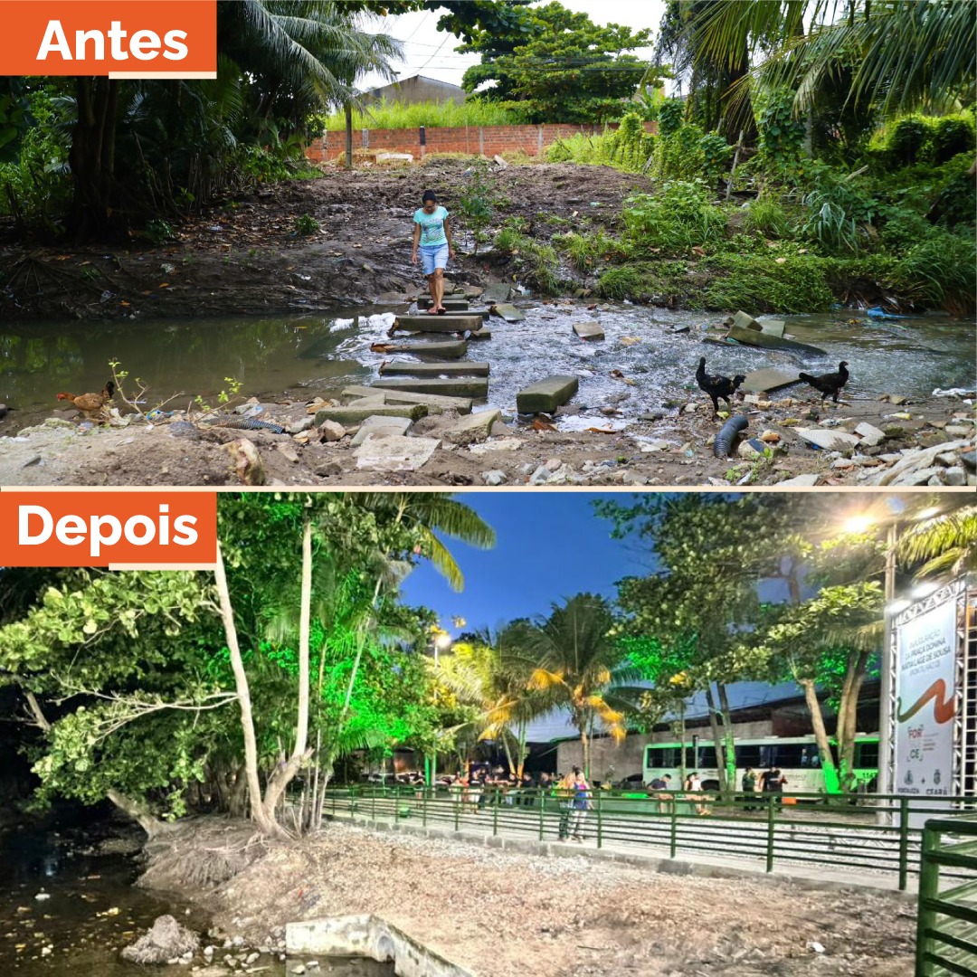 foto mostra o antes e o depois. em cima, uma pessoa atravessa um riacho, pisando em pedras soltas; na segunda, mostra a ponte já construída